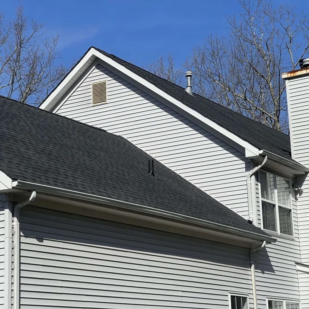Dark shingle roof and gutters on a light gray house, shown as a residential roof example